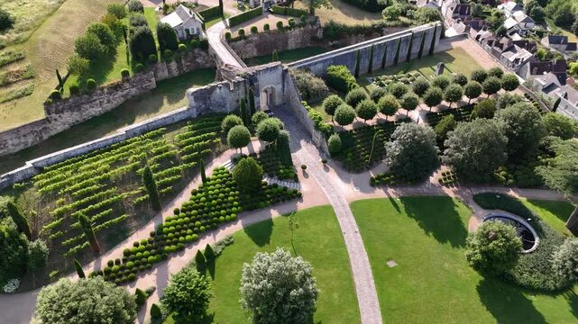 Drone shot of the gardens at Chateau d'Amboise in Amboise, Loire Valley, France