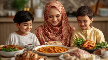 Muslim Mother Sharing Meal With Her Two Sons
