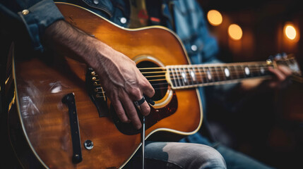 Obraz premium A craftsman carefully measuring the thickness of a guitar top with calipers, attention to precision evident