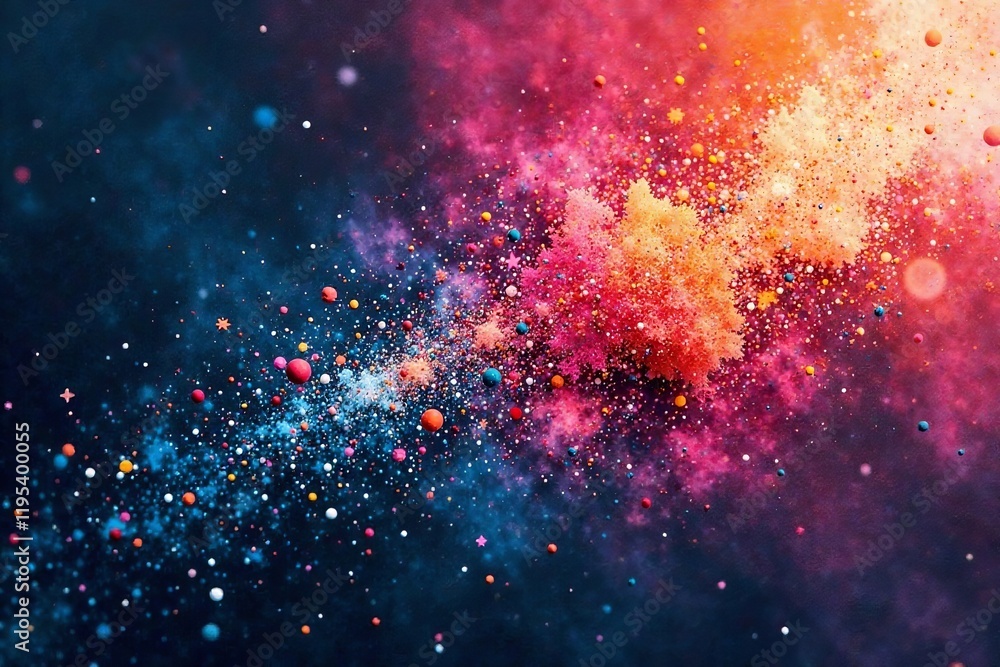 Poster abstract cosmic background with vibrant colors and sparkling particles in space.