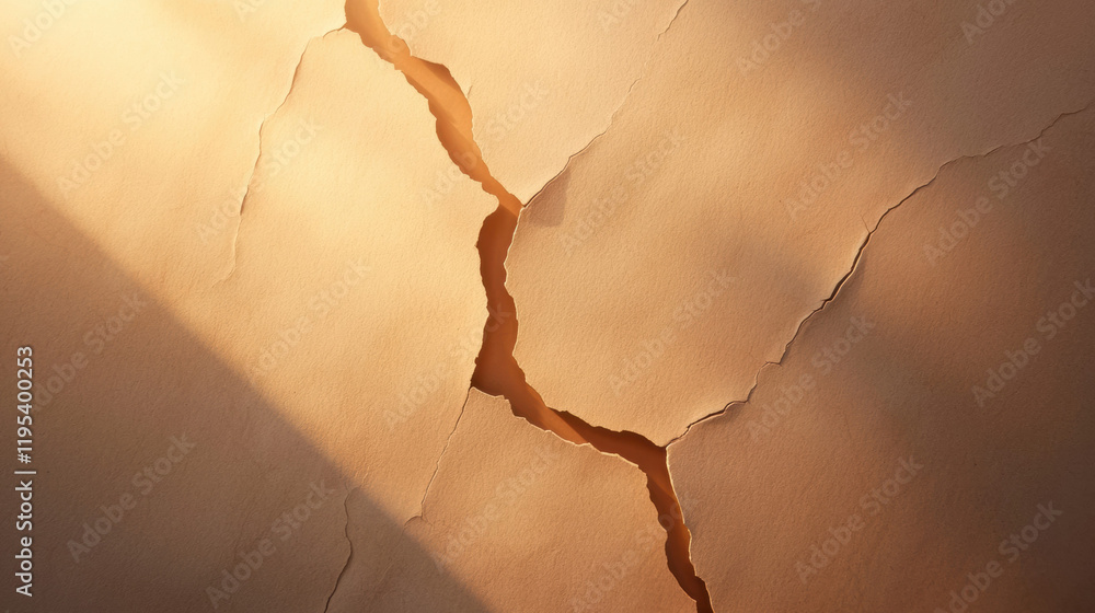 Poster Cracked surface with warm light creating shadows and texture