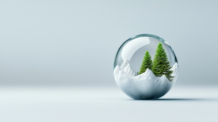 A glass globe contains miniature evergreen trees surrounded by snow, creating a serene winter landscape.