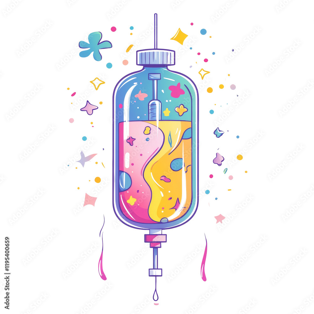 Poster a stylized illustration of an iv bag filled with vibrant multicolored liquid and surrounded by playf