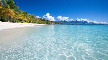 Fototapeta premium Tranquil beach scene with palm trees and crystal-clear turquoise water.