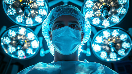 A surgeon during a medical procedure, as viewed from the patient on the operating table. A doctor performing a surgery - first person perspective. Low angle, mask, cap - operating room lights.