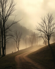 Misty pathway through the trees at dawn reveals nature's serene beauty in a quiet landscape