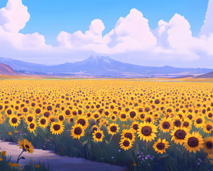 Serene landscape of a vast sunflower field under a bright, sunny sky, mountains in the background.  Perfect for summer, nature, and happiness themes.