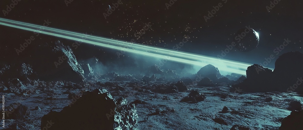Poster stunning view of cosmic landscape with rocky terrain and distant planets illuminated by a vibrant li