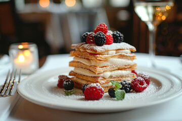 A delicate mille-feuille pastry served with fresh berries and powdered sugar on a white plate