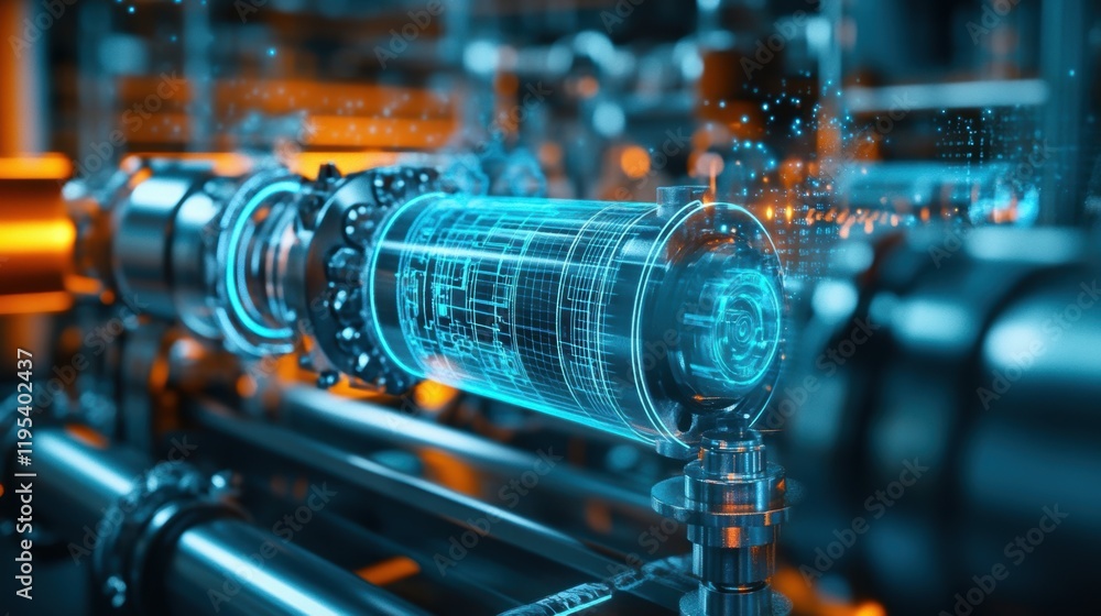 Poster an intricate view of a pneumatic actuator equipped with pressure sensors connected to a digital moni