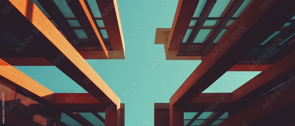 Aufkleber Modern architecture captures sunlight between geometric structures in a vibrant urban setting