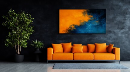 Modern living room interior with orange sofa and abstract artwork.  Dark walls and plants add contrast.