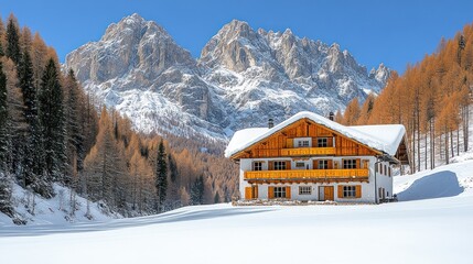 Wooden chalet in snowy mountains.