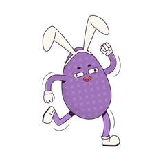 Groovy Retro cartoon character easter egg with bunny ears. Flat illustration of a walking character wearing gloves