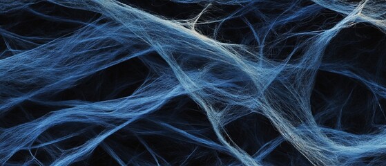 Delicate blue fibers create an intricate web pattern against a dark background showcasing the beauty of natural textures