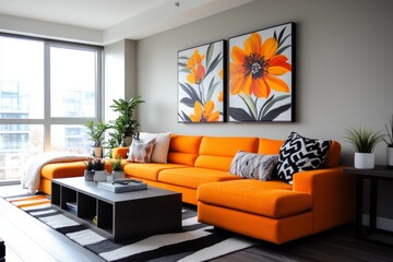 Modern living room with orange sectional sofa, large floral artwork, and houseplants. Bright and airy space.