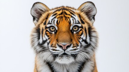 Fototapeta premium Close-Up Portrait of a Majestic Tiger with Striking Orange Fur and Intricate Black Stripes Against a Simple White Background, Capturing Power and Beauty