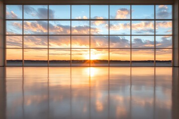 Golden hour sunset viewed through a large window. Warm colors and reflections on the polished floor create a serene atmosphere.