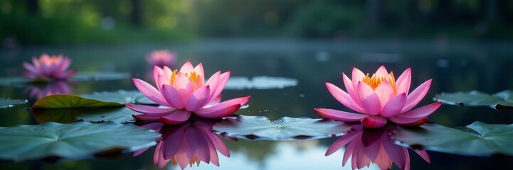 Beautiful pink lotus flowers blooming on serene water surfaces surrounded by lush greenery.