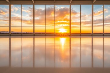 Fototapeta premium Golden hour sunset view through expansive windows in a modern building. The scene is serene and peaceful.