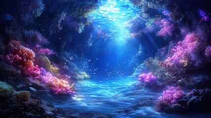 Fototapeta premium An enchanting underwater cave filled with bioluminescent creatures and glowing corals, creating a magical atmosphere in the depths of the ocean 