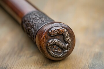 Carved wooden stick; snake and pattern detail.