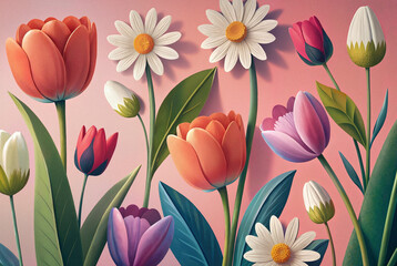 Tulips and daisies bouquet on vibrant pink background