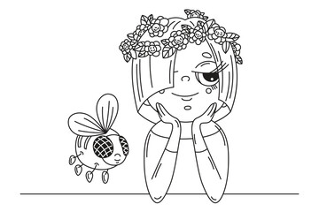 Vector cartoon outline illustration of a sitting girl with a wreath of flowers on her head and a flying bee, black outline on a white background