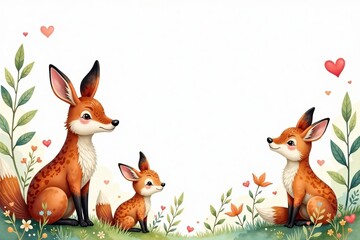 Fototapeta premium Charming illustration of three foxes surrounded by flowers and hearts in a natural setting.