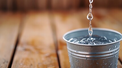 A close-up of a metal bucket filled with water, with droplets falling into it.