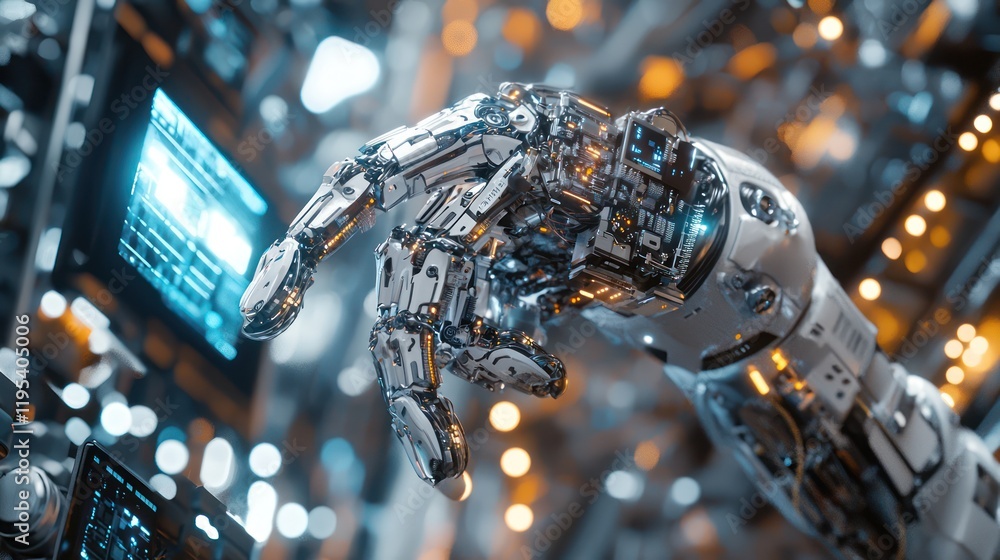 Poster robotic hand interacting with futuristic interface