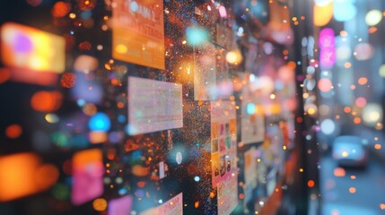 A colorful bulletin board filled with flyers and photographs of local events small businesses and community partnerships promoting collaboration and support for the neighborhood economy.