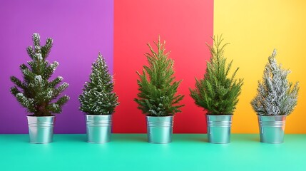 Fototapeta premium A collection of christmas trees in shiny silver pots isolated on a colorful background