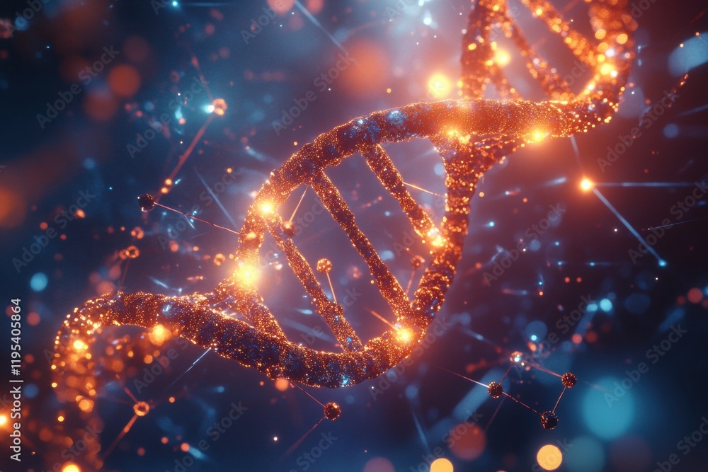 Aufkleber glowing dna double helix illuminated by molecular connections in a vibrant scientific visualization.