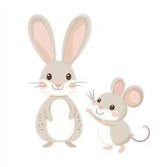 Fototapeta premium Cute rabbit and mouse illustration, white background, children's book, greeting card