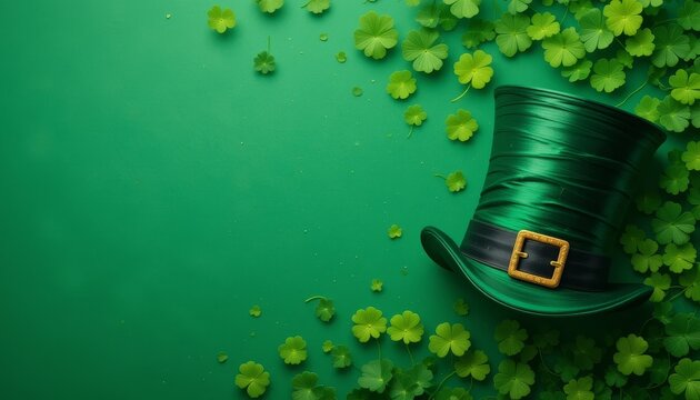 St. Patrick's Day Green Background with Leprechaun Hat and Gold Coins - Powered by Adobe