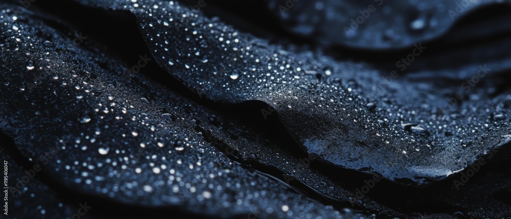 Poster droplets of water resting on dark, textured surface create a serene and tranquil atmosphere