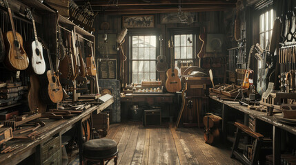 A historical re-creation of a luthier's workshop from the 19th century, with authentic tools and vintage guitars