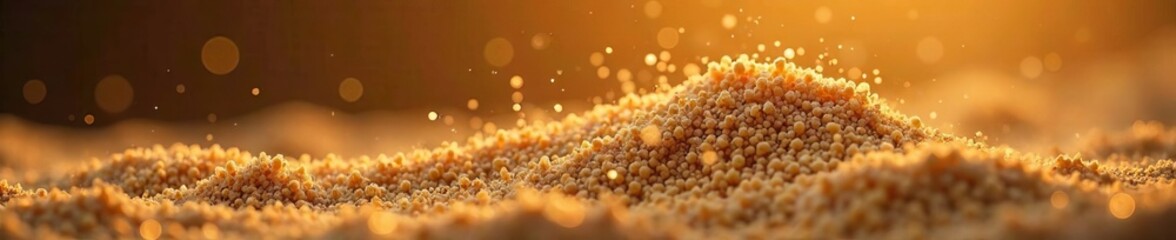 Close-up of golden sand particles glistening in soft warm sunlight.