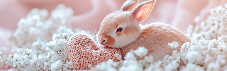 A cute rabbit cuddling a heart-shaped stuffed toy on a soft pink background. Great for Valentine's Day ads, greeting cards, and animal-themed designs.