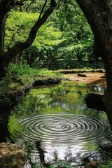 Serene forest pool, concentric ripples, tranquil scene.