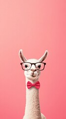 Fototapeta premium Llama wearing glasses with bow tie pink background