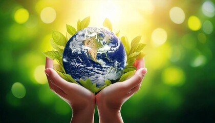 Hands holding the Earth with glowing green nature background