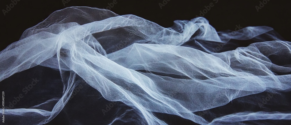 Poster soft translucent fabric drapes gracefully on dark background creating a serene atmosphere with subtl