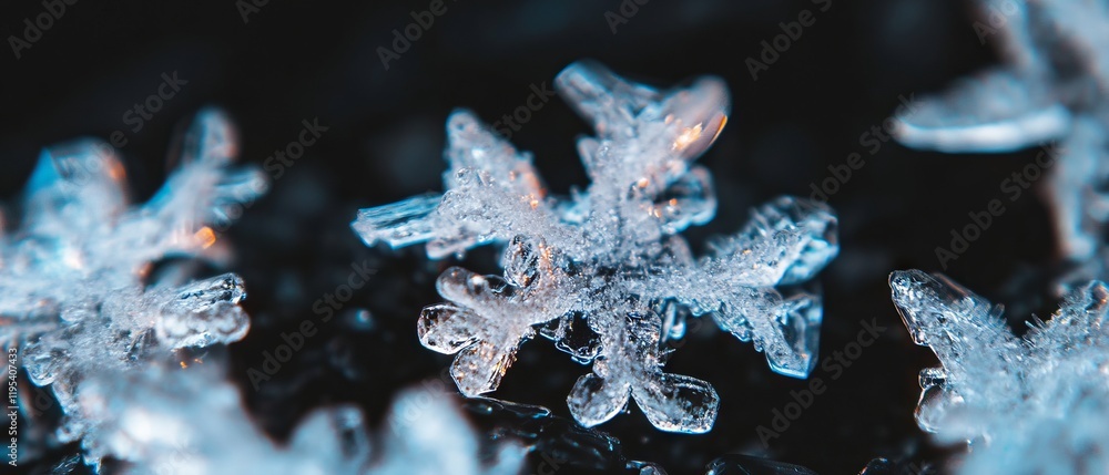 Poster beautifully detailed snowflakes resting on a dark surface, showcasing unique crystal patterns under 