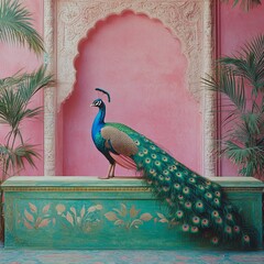 A vibrant Mughal-style garden illustration with a peacock and a temple, ideal for cultural or artistic themes.