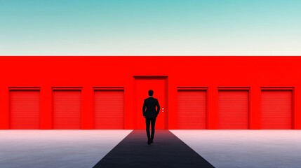 A person in a suit walks toward a large red door, surrounded by smaller red doors. A path leads to the central door.  A symbolic image of decision-making.