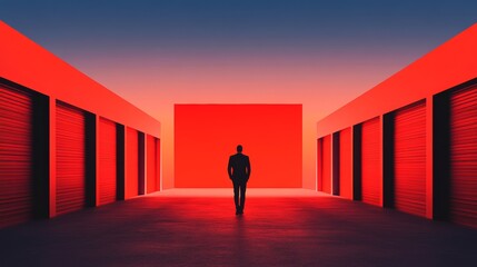 A lone figure in a suit stands before a vibrant red wall, surrounded by red storage units.  The scene is both striking and mysterious.