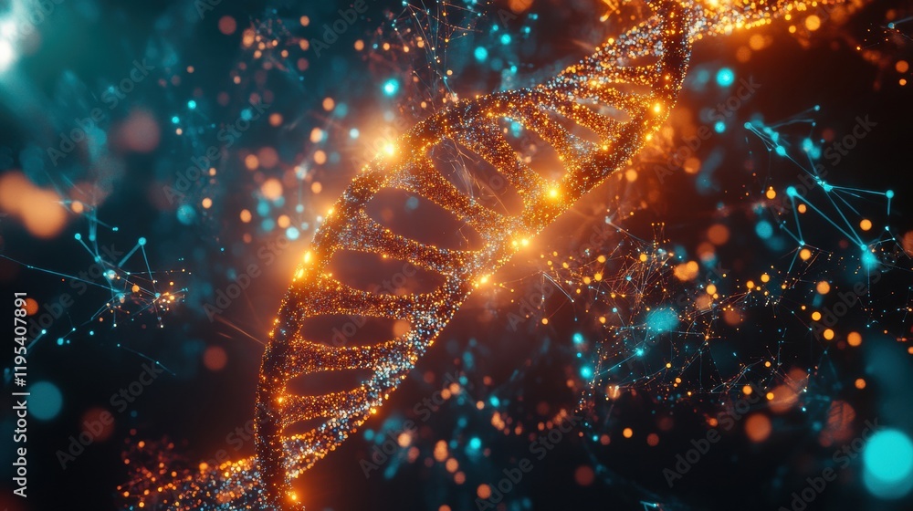 Aufkleber Glowing DNA double helix illuminated by molecular connections in a vibrant digital landscape. Generative AI