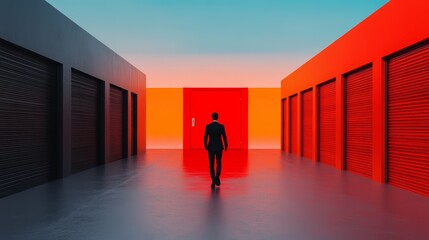 A man in a suit walks towards a large red door between rows of black and red storage units.  A surreal, contrasting scene.